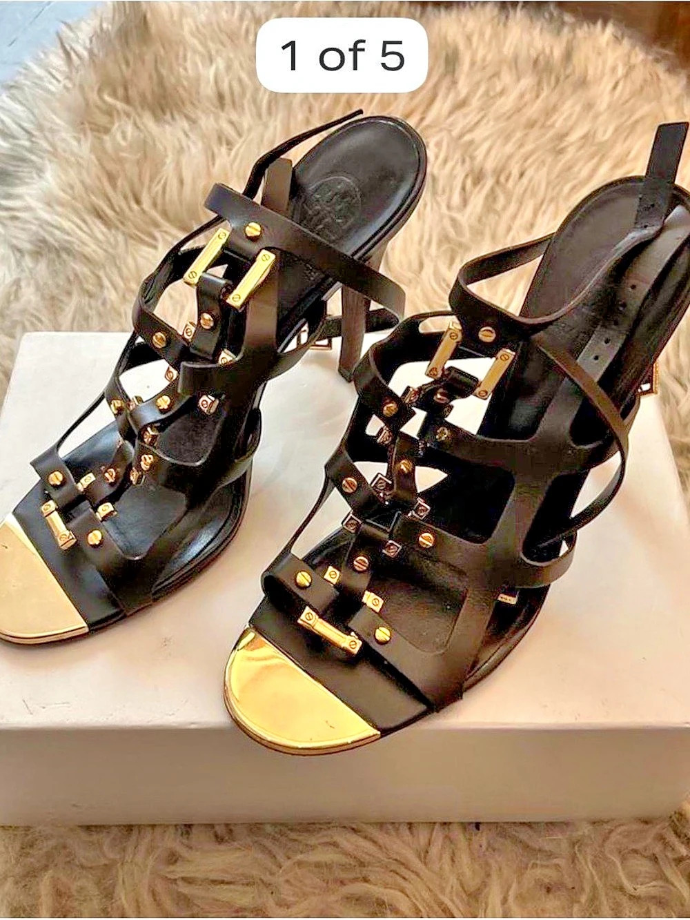Tory Burch Studded Leather Heels in Black & Gold US 9